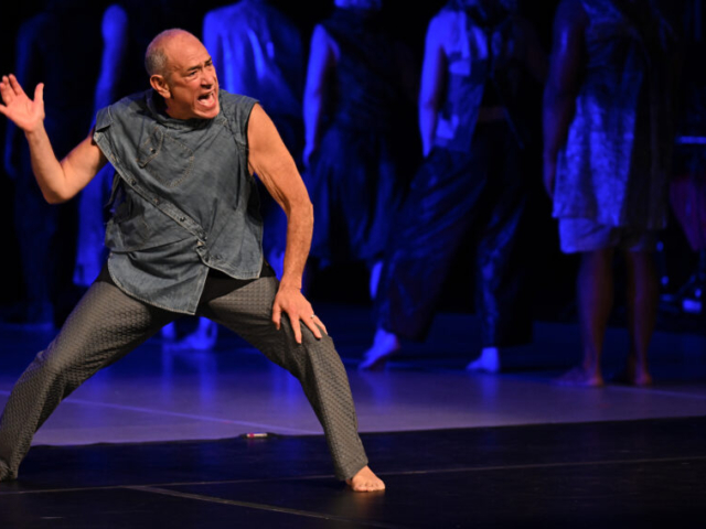 David Dorfman yells on stage, rearing back his hand in a shallow lunge, as if about to strike. Clad in an armor of denim tunic and silver scaled pants, he glares into the audience as a line of dancers are blurred in the purple background. David is a fair complexioned man with a shaved head.