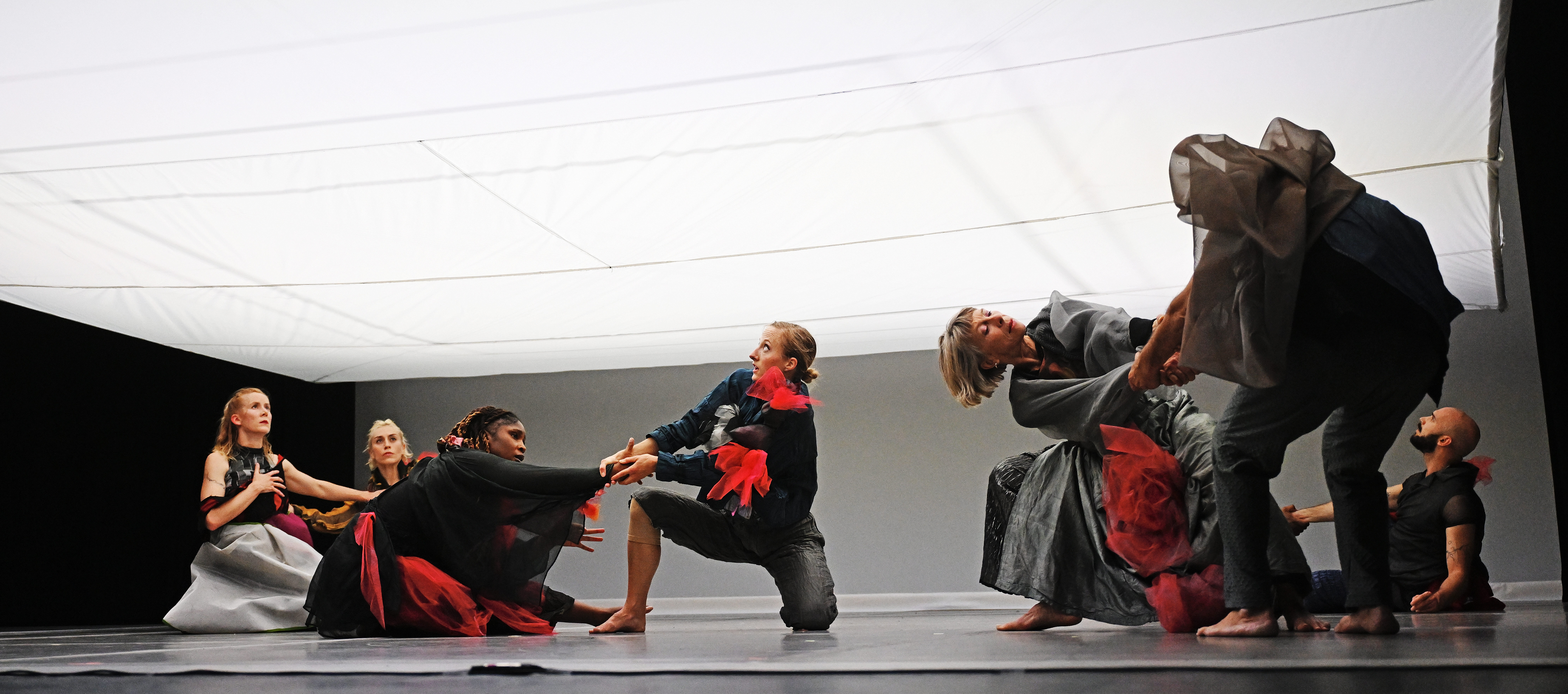 The ceiling forebodingly lingers above the David Dorfman Dance company, a white square light of fabric pressing above dancers clad in wrinkled black, red flannel, and navy shirts and pants. The dancers stare upwards, hesitancy and intimidation painted over some of their faces. A duet on the right holds each other’s forearms, looking to each other for comfort.