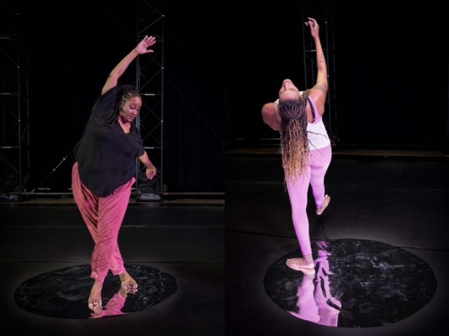 Side by side image of two dancers in the studio. Kayla Hamilton stands on a mirrored disc, her feet crossed as she curves one arm above her head and reaches the other behind. Kayla is a Black woman with shoulder length locks; she wears a black short sleeve V neck shirt and loose dark pink pants.  Devin Hill stands on one leg on their own mirrored disc, back to the camera. Devin tips backwards, right arm and leg lifted, face to the sky, long hair falling down their back. A ghostly reflection shines in the mirror. Devin is a tall Black person with caramel colored skin and blackish blonde wavy braids; they wear light pink leggings and white sleeveless top. Photos by Cherylynn Tsushima.